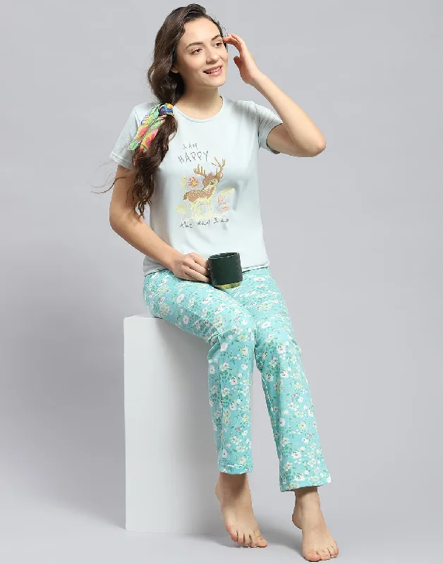 Women's Clothes And Apparel Sets Women Sea Green Printed Round Neck Half Sleeve Lower Set