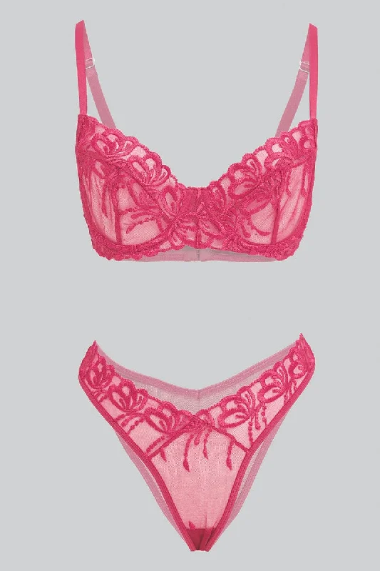 Women's Professional Clothes Pink Embroidered Lingerie Set