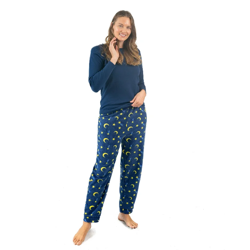 Women's Relaxed Outfit Womens Cotton Top and Fleece Pant Pajamas Moon