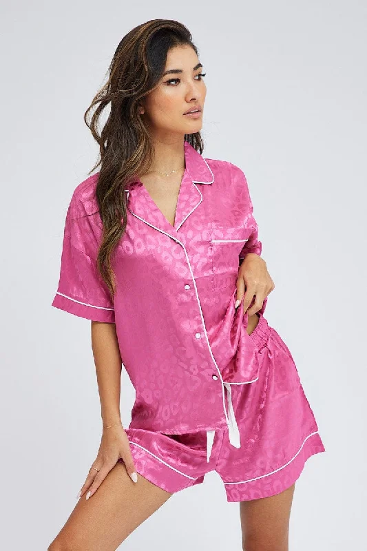 Women's Clothing For Outdoor Events Pink Pyjama Set Leopard Jacquard Satin Piping PJ