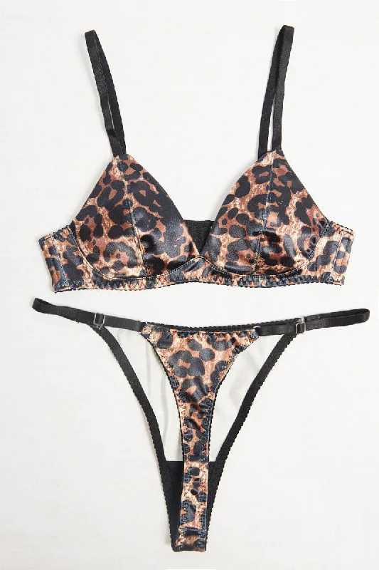 Women's Professional Attire Brown Animal Print Satin Lingerie Set