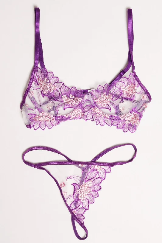 Tailored Clothing For Women Purple Embroidery Lingerie Set