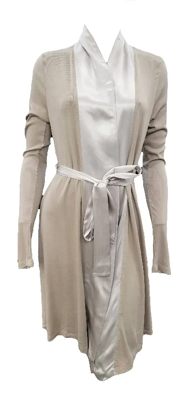 Sustainable Women's Apparel Elijah Rib Knit Longsleeve Robe With Satin Trim And Belt In Clay