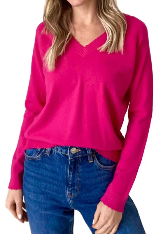 Women's Comfortable Lounge Outfit Distressed Hem Vneck Sweater In Hot Pink