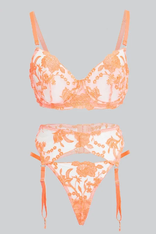 Women's Floral Print Outfit Orange Embroidery Lingerie Set