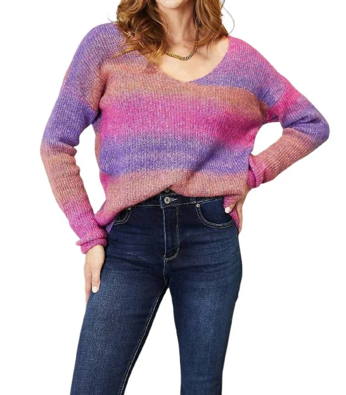 Affordable Women's Clothes Chic Ribbed V-Neck Pullover Sweater In Purple