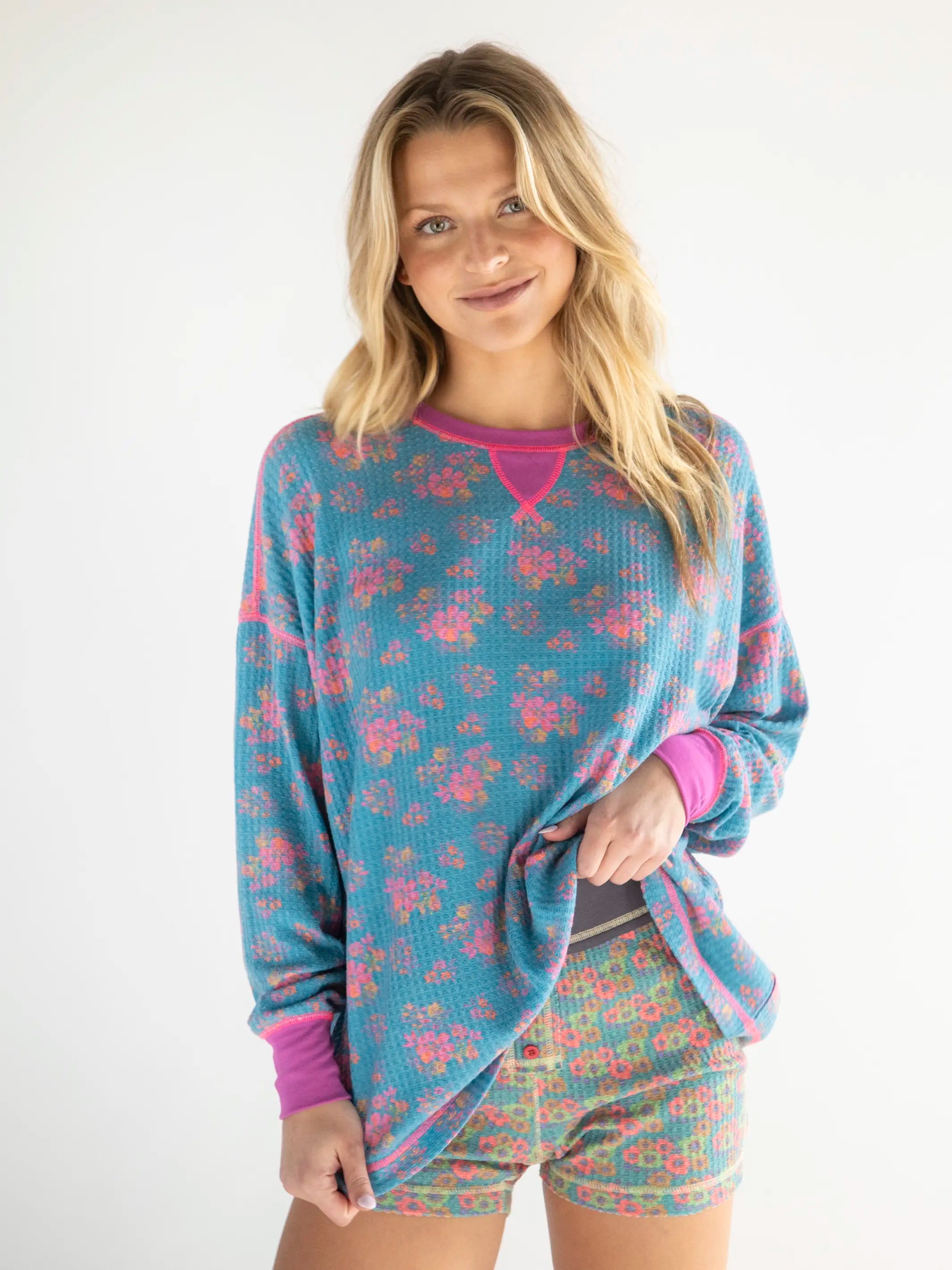 Affordable Luxury Women's Apparel Mix & Match Waffle Pajama Top - Turquoise Pink Mustard Floral