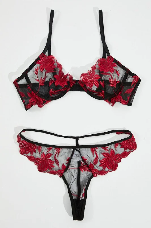 Women's Seasonal Clothing Black Embroidery Lingerie Set