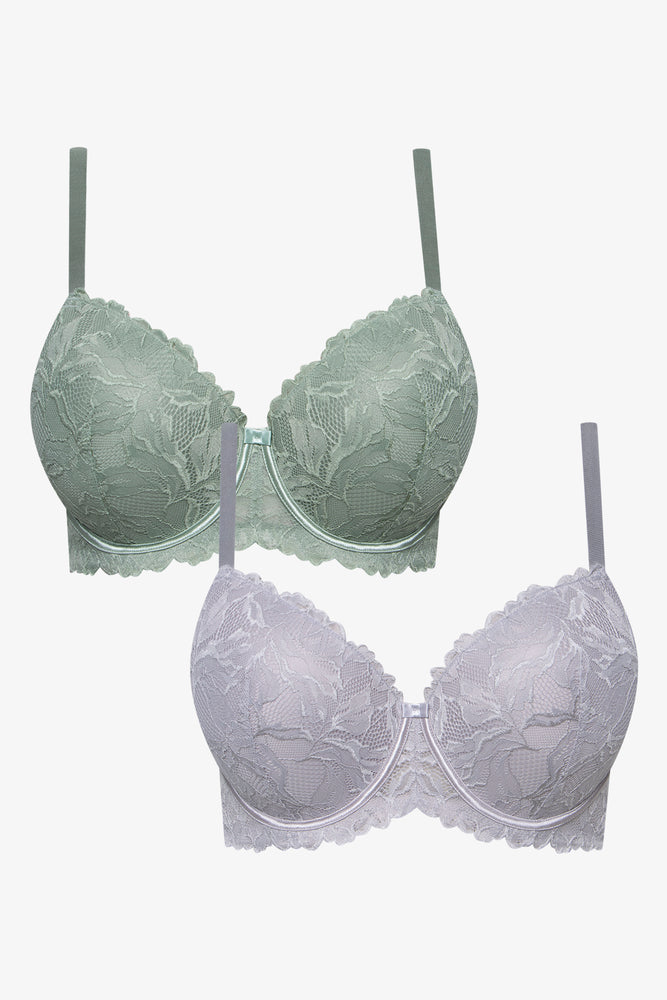 Fashion-Forward Women's Clothing Plus Size 2 Pack Lace Balconette Bras Green & Grey