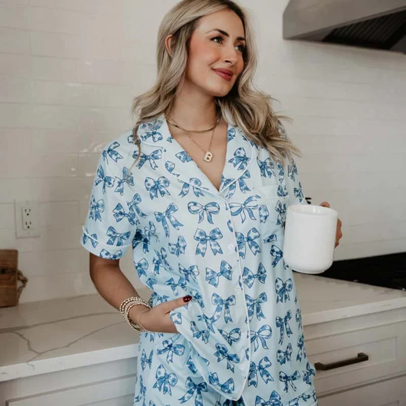 Women's Cozy Winter Attire Blue Bows Pajama Top