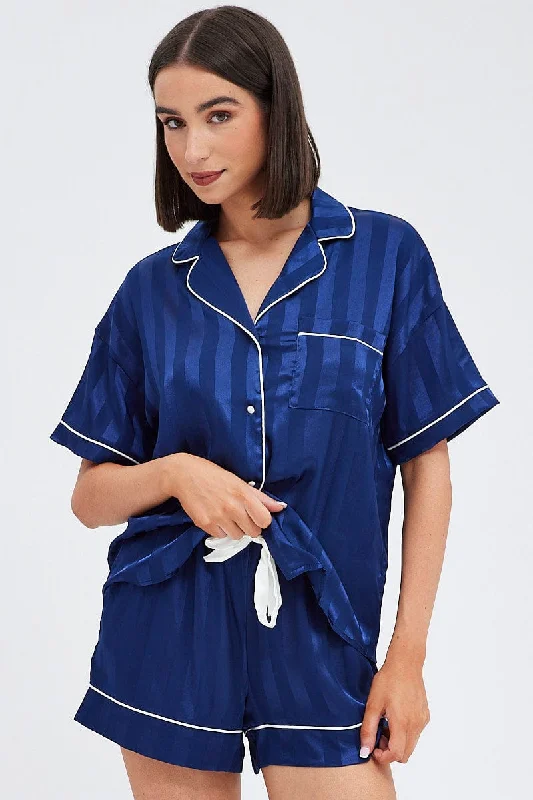 Women's Trendy Apparel Blue Stripe Satin Pj Jacquard Stripe Piping Pyjama Set