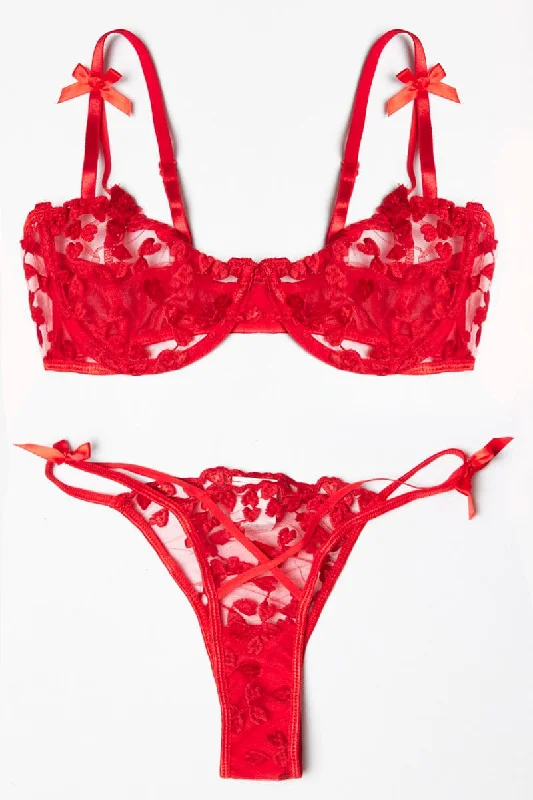 Affordable Fashion Clothing For Women Red Heart Embroidery Lingerie Set