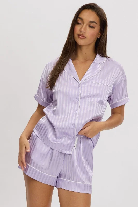 Women's Outerwear Attire Purple Stripe Satin Pyjamas Set Short Sleeve