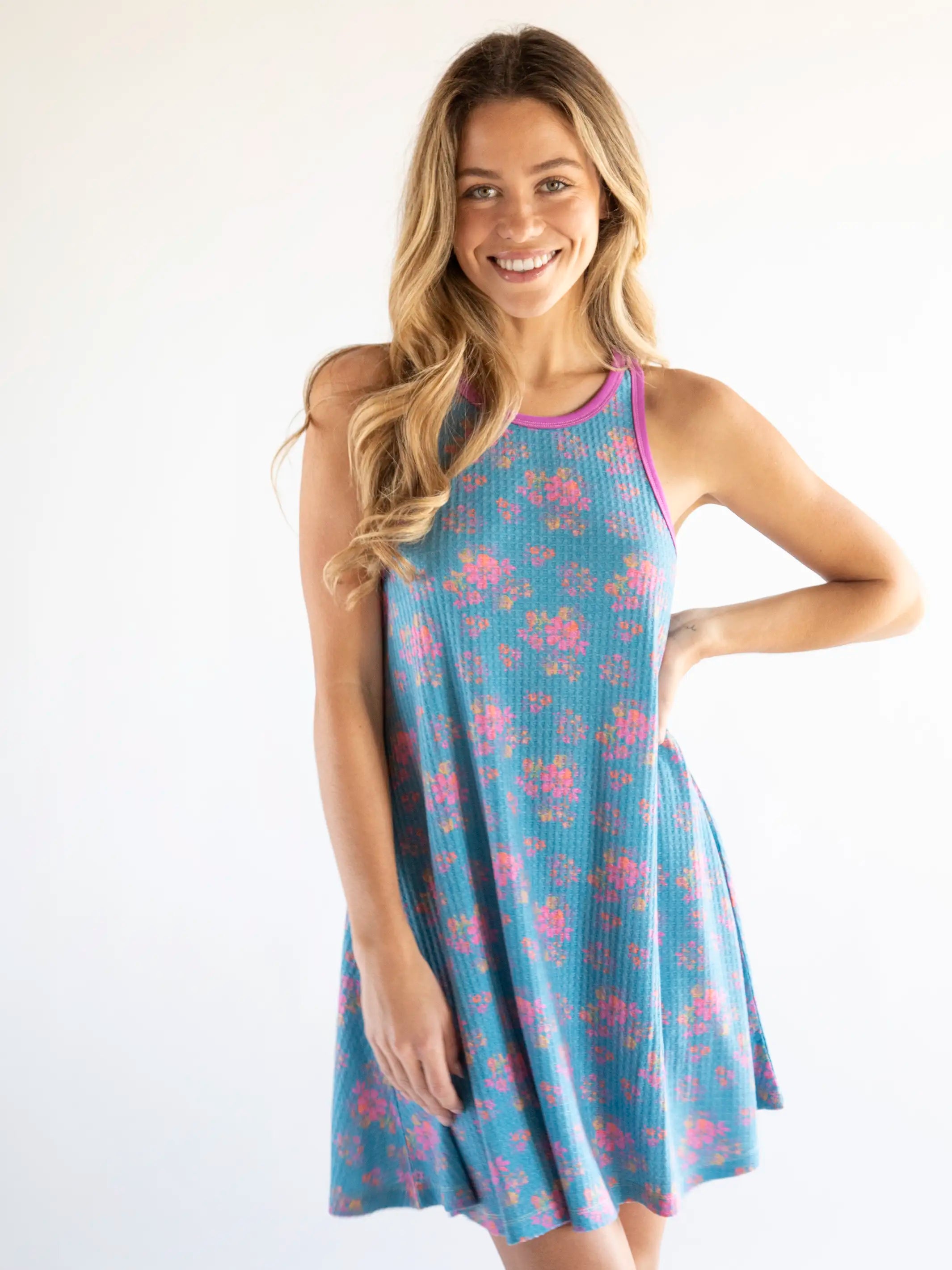 Women's Clothing And Garments Sets Mix & Match Waffle Nightgown - Turquoise Pink Mustard Floral