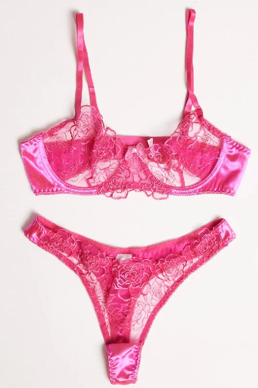 Sustainable Women's Clothes Pink Flower Embroidered Lingerie Set