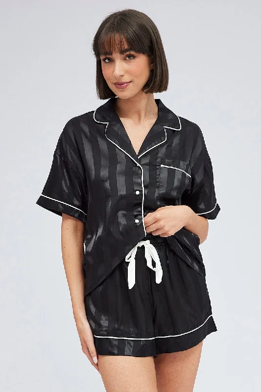 Charming Women's Holiday Apparel Black Stripe Pyjama Set Jacquard Stripe Satin Piping PJ