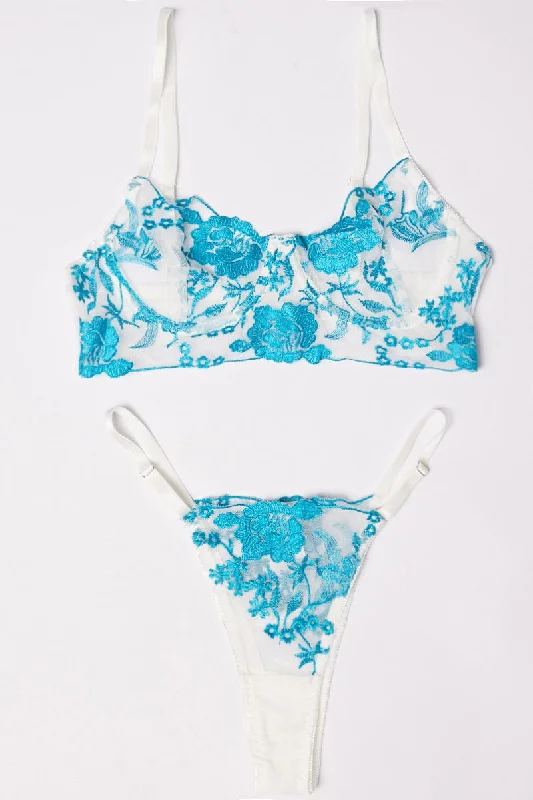 Women's Stylish Professional Garments Blue Floral Embroidery Lingerie Set