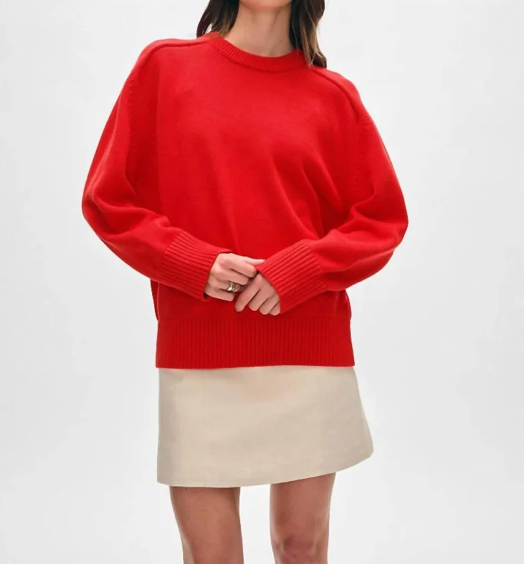 Vintage-Inspired Women's Clothes Saddle Sleeve Crew Sweater In Cherry Red