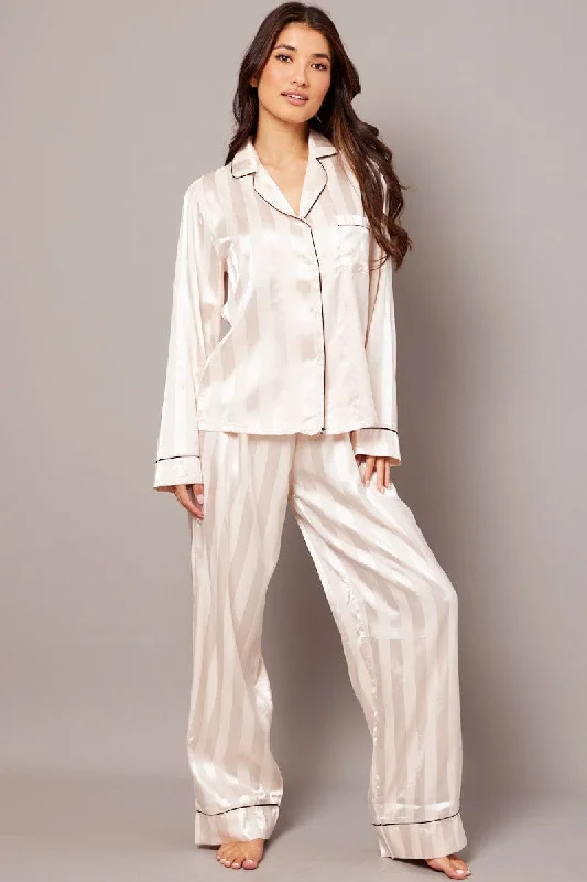 Women's Sporty Chic Clothes Beige Stripe Pj Set Satin Stripe Contrast Piping Pyjama