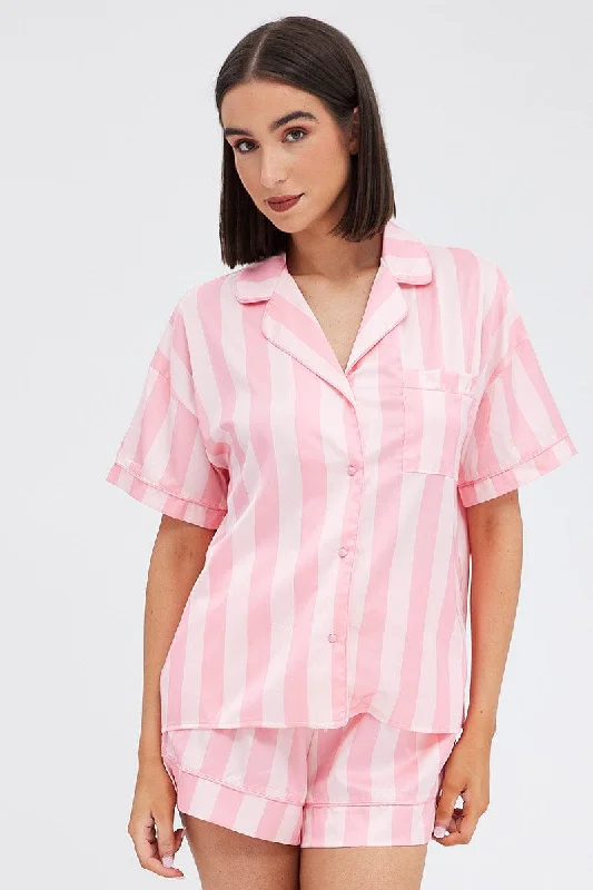 Women's Occasion Wear Clothes Pink Stripe Satin Pj Pink Stripe Piping Pyjama Set