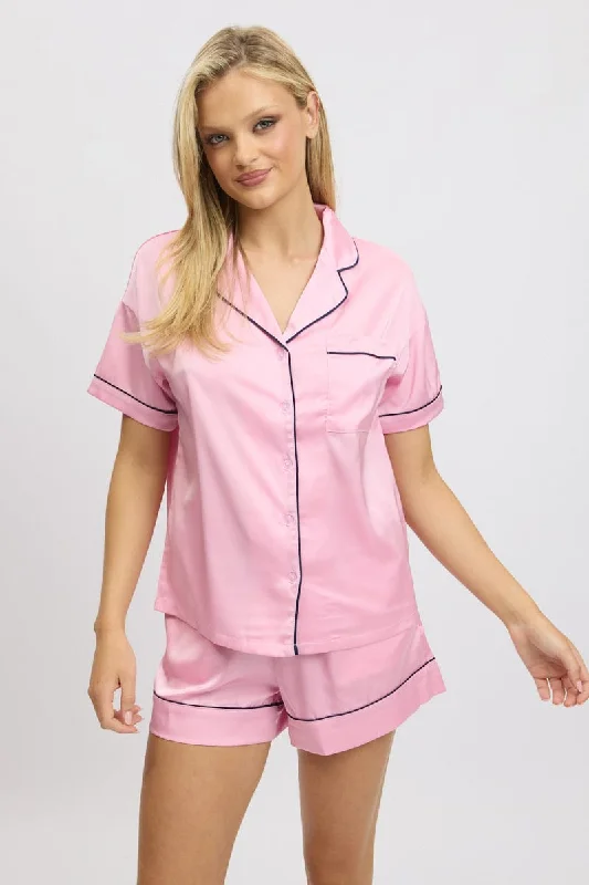 Women's Evening Wear Attire Pink Satin Pyjamas Set Short Sleeve