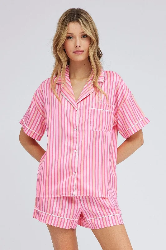 Women's Trendy Casual Clothes Pink Stripe Stripe PJ Satin Contrast Piping Pyjama Set