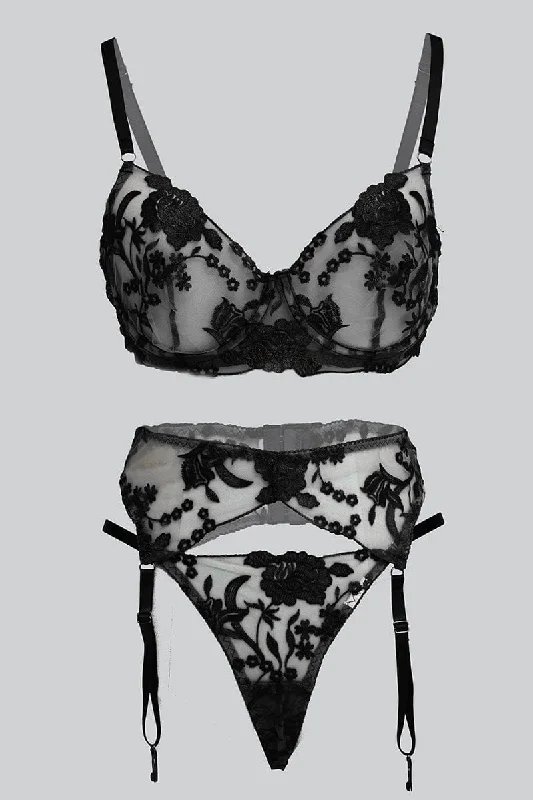 Women's Holiday Attire Black Embroidery Lingerie Set