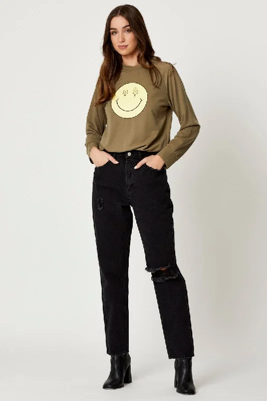 Women's Stylish Outdoor Outfit Green Smiley Face Sweater