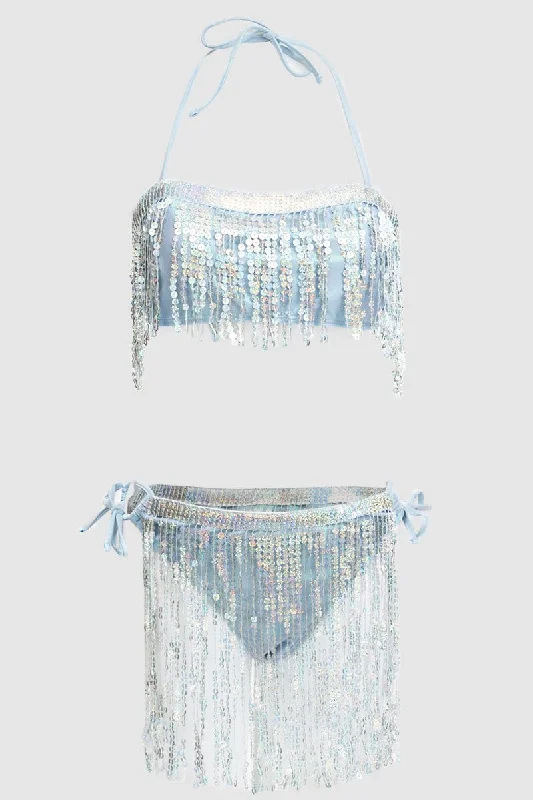 Women's Seasonal Apparel Silver Tassel Sequin Detail Lingerie Set Bikini Set