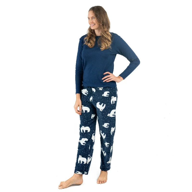 Women's Wardrobe Apparel Christmas Womens Cotton Top and Fleece Pant Pajamas Bear