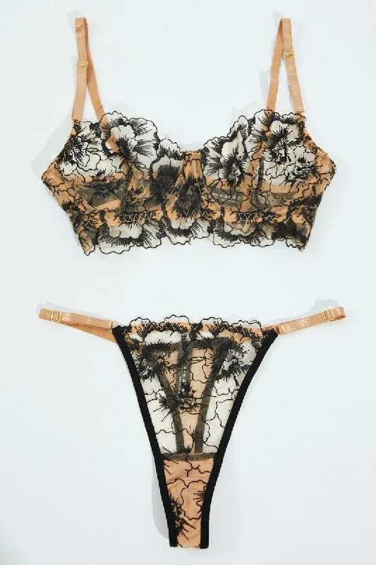 Timeless Women's Apparel Black Floral Embroidery Lingerie Set