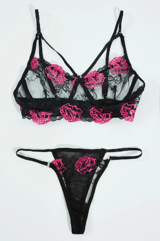 Women's Transitional Garments Black Embroidery Lingerie Set