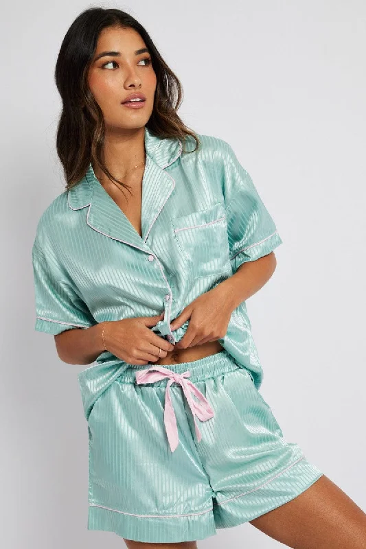 Women's Apparel And Garments Green Stripe Satin Pj Jacquard Stripe Piping Pyjama Set