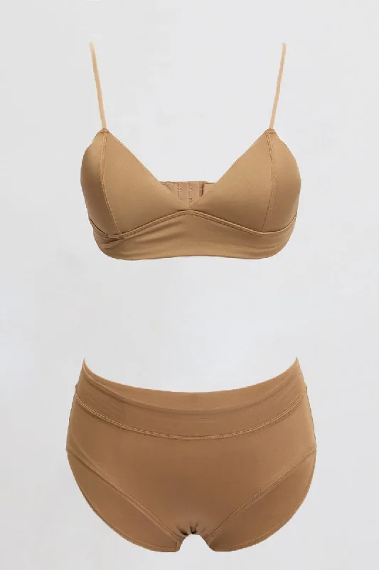 Affordable Luxury Women's Apparel Brown Triangle Bra and Briefs Lingerie Set