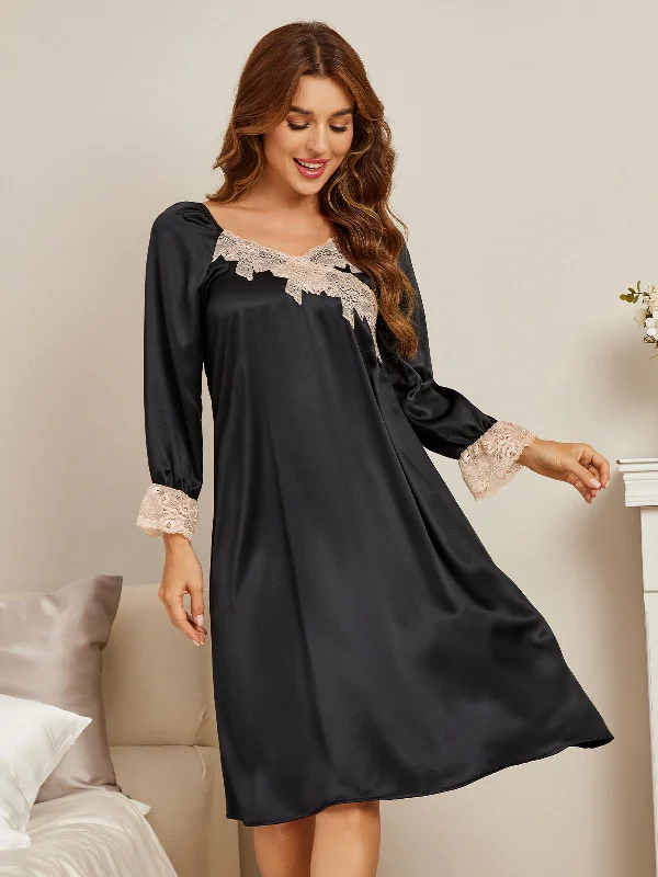 Women's Layered Outfit Women's Silk Lace Long Sleeve Midi Nightgown