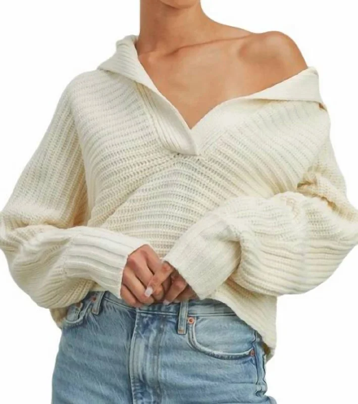 Women's Festive Attire Drama Collar V-Neck Sweater In Cream