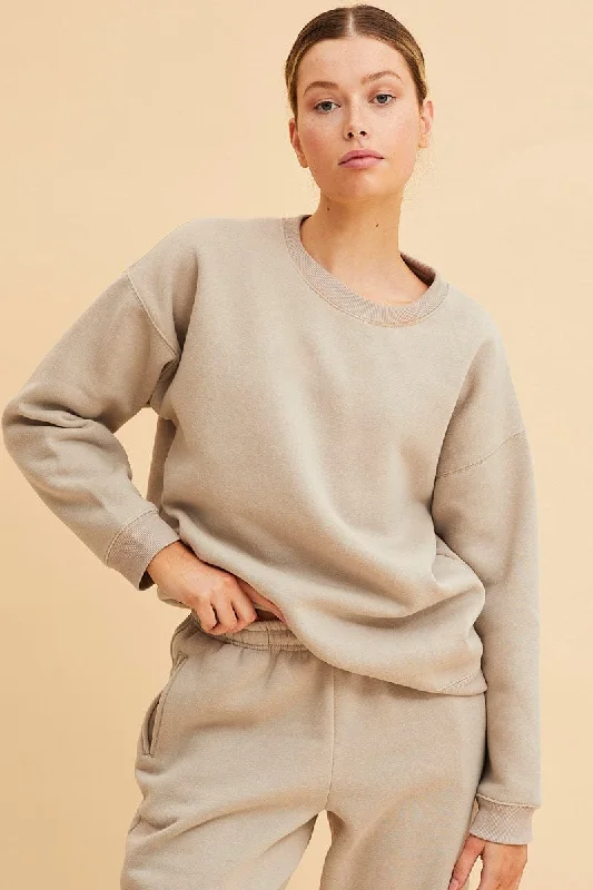 Women's Comfortable Garments Beige Fleece Sweat Long Sleeve Crew Neck