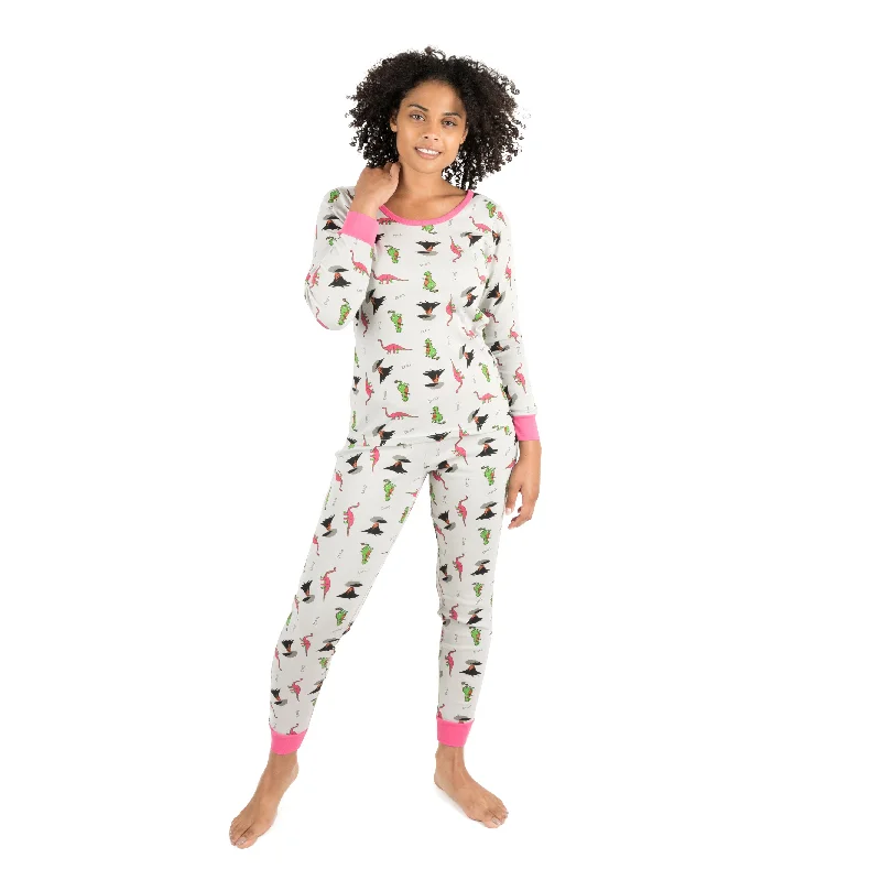 Women's Vintage-Inspired Outfit Womens Two Piece Cotton Pajamas Dinosaur Gray