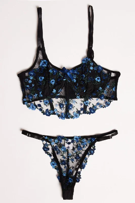 Women's Clothing For Special Occasions Black Flower Embroidery Lingerie Set