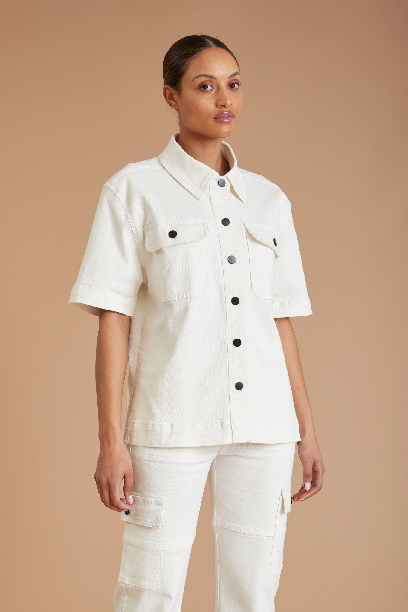 Women's Vacation Outfit Set AF Denim Utility Shirt (White)