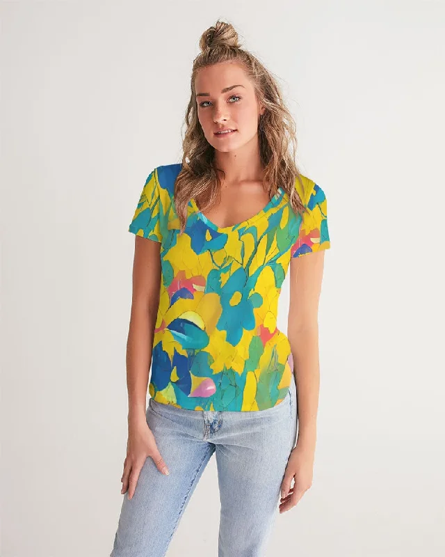 Vintage-Inspired Women's Apparel Beautiful yellow and blue hint of red pattern Women's V-Neck Tee