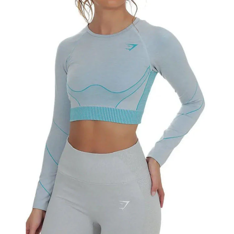 Modern Women's Clothes Gymshark Hyper Amplify Seamless Womens Long Sleeve Crop Top - Blue