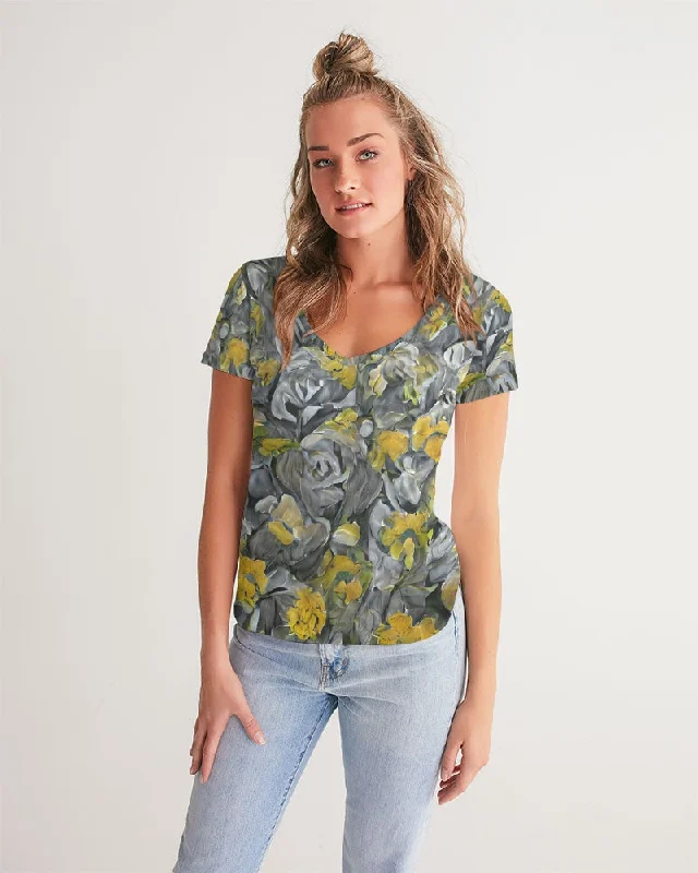 Casual Chic Women's Clothes Orange and yellow and grey abstract design of Roses Women's V-Neck Tee