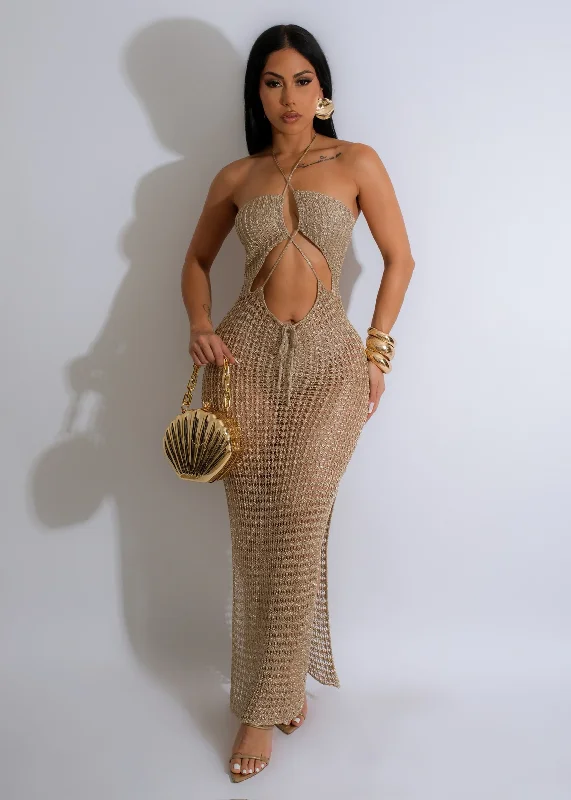 Sustainable Women's Clothes Absolutely Crochet Metallic Maxi Dress Gold