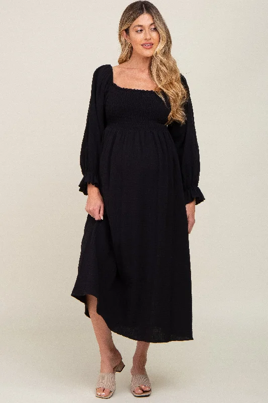 Women's Stylish Professional Garments Black Gauze Smocked Maternity Midi Dress