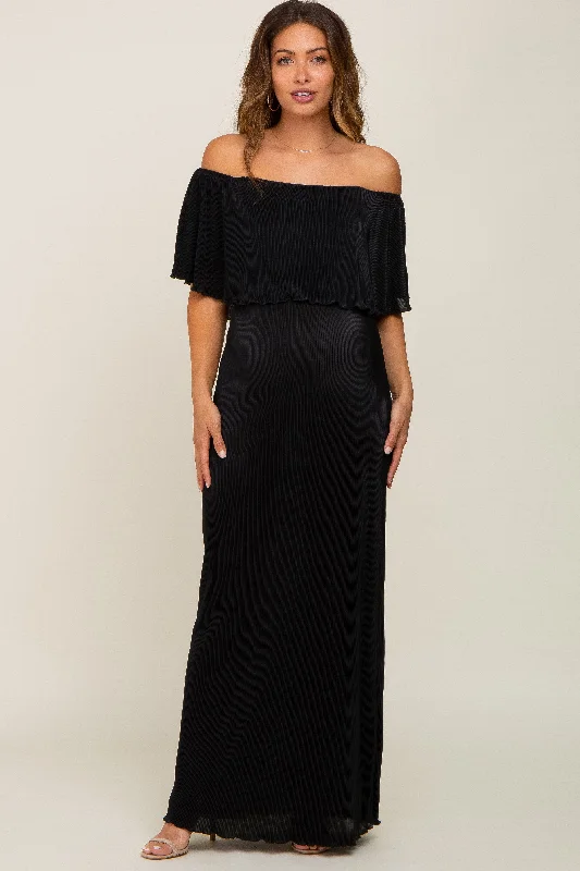 Fashionable Women's Clothing Black Pleated Ruffle Off Shoulder Maternity Maxi Dress