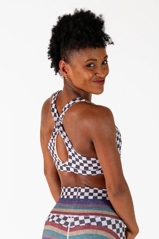 Women's Vacation Attire Crossed Medium Sports Bra : Checker