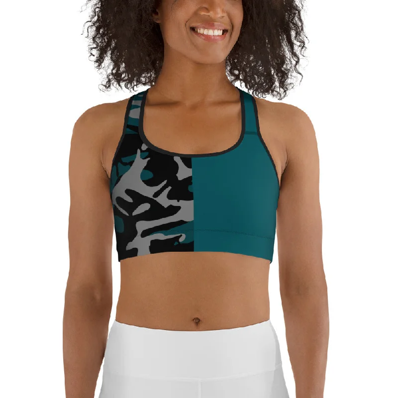 Women's Athletic Apparel Gray, Teal and Black Camouflage Sports bra