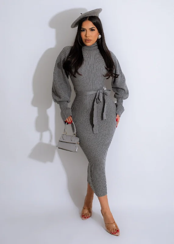 Women's Clothing Make Me Sigh Ribbed Sweater Midi Dress Grey