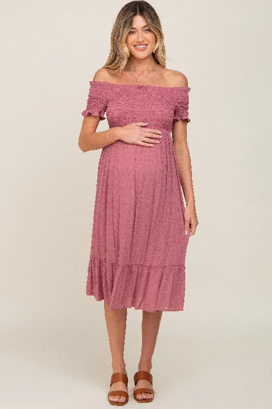 Women's Outfit Mauve Off Shoulder Smocked Maternity Midi Dress